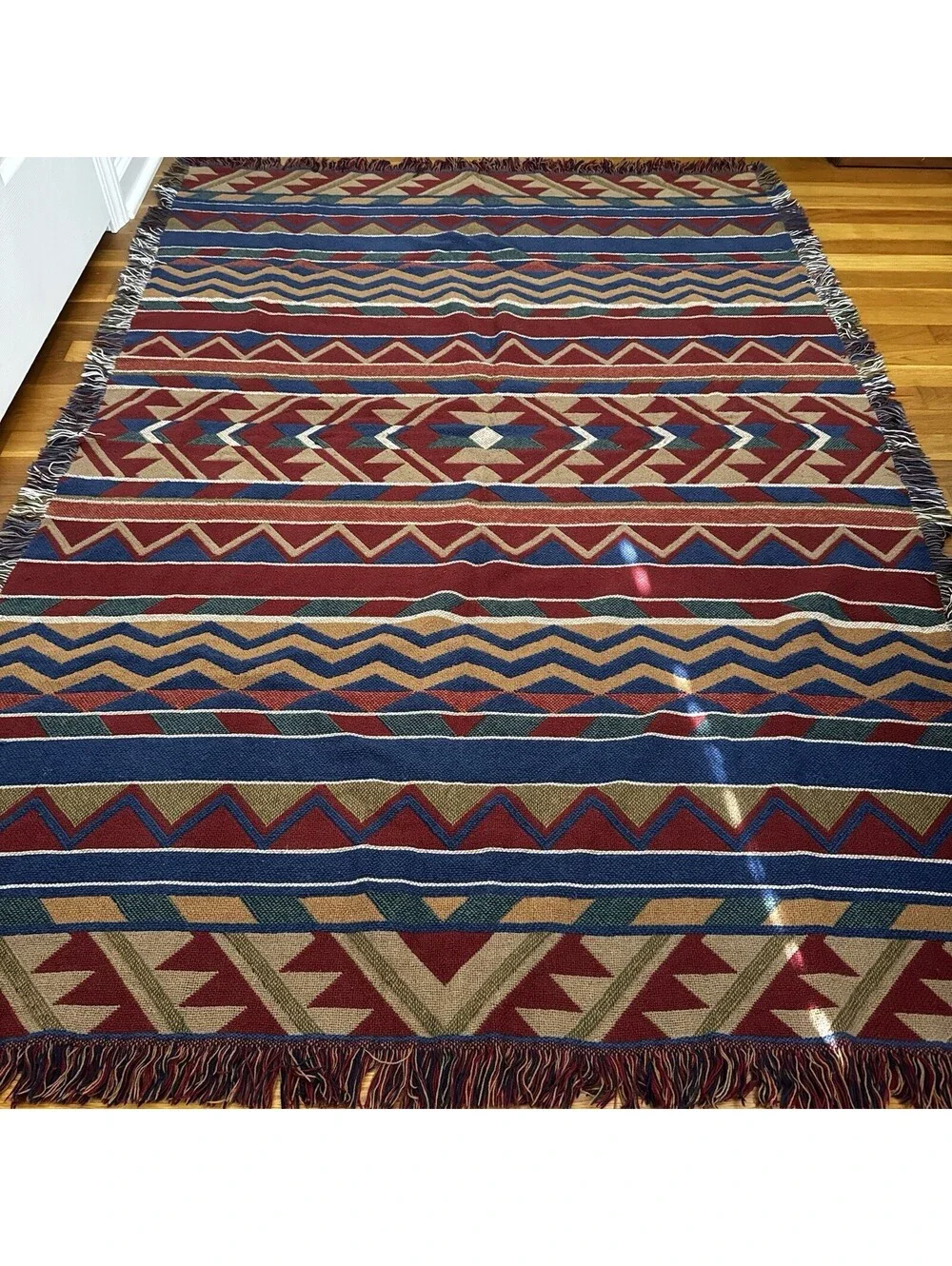Vintage Tapestry Throw Blanket 1990s Southwestern Fringe Woven Western Red Aztec